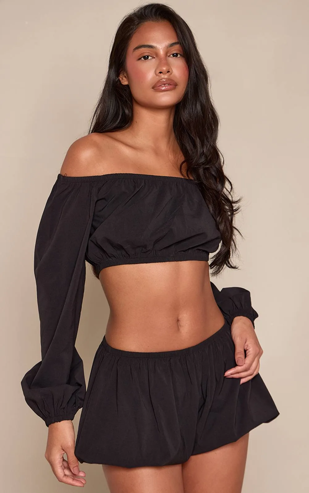 Woven Bardot Long Puff Sleeve Crop Top Co-Ord by PrettyLittleThing