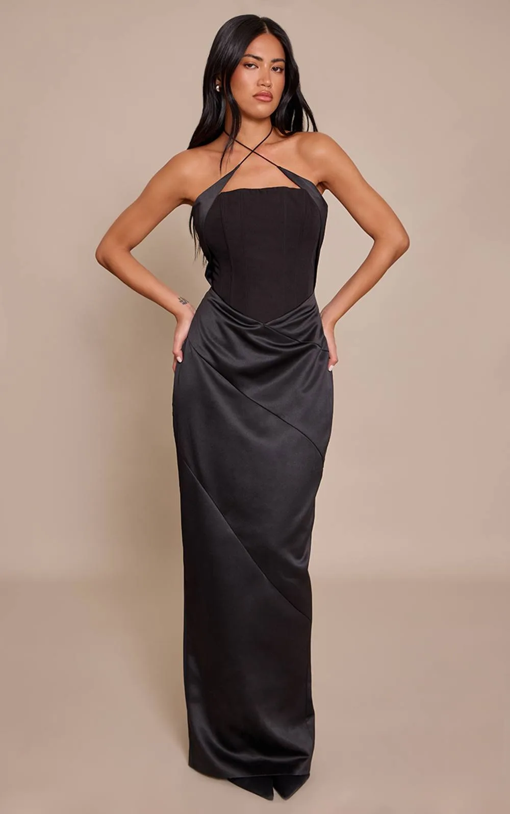 Woven Corset Halterneck Maxi Dress