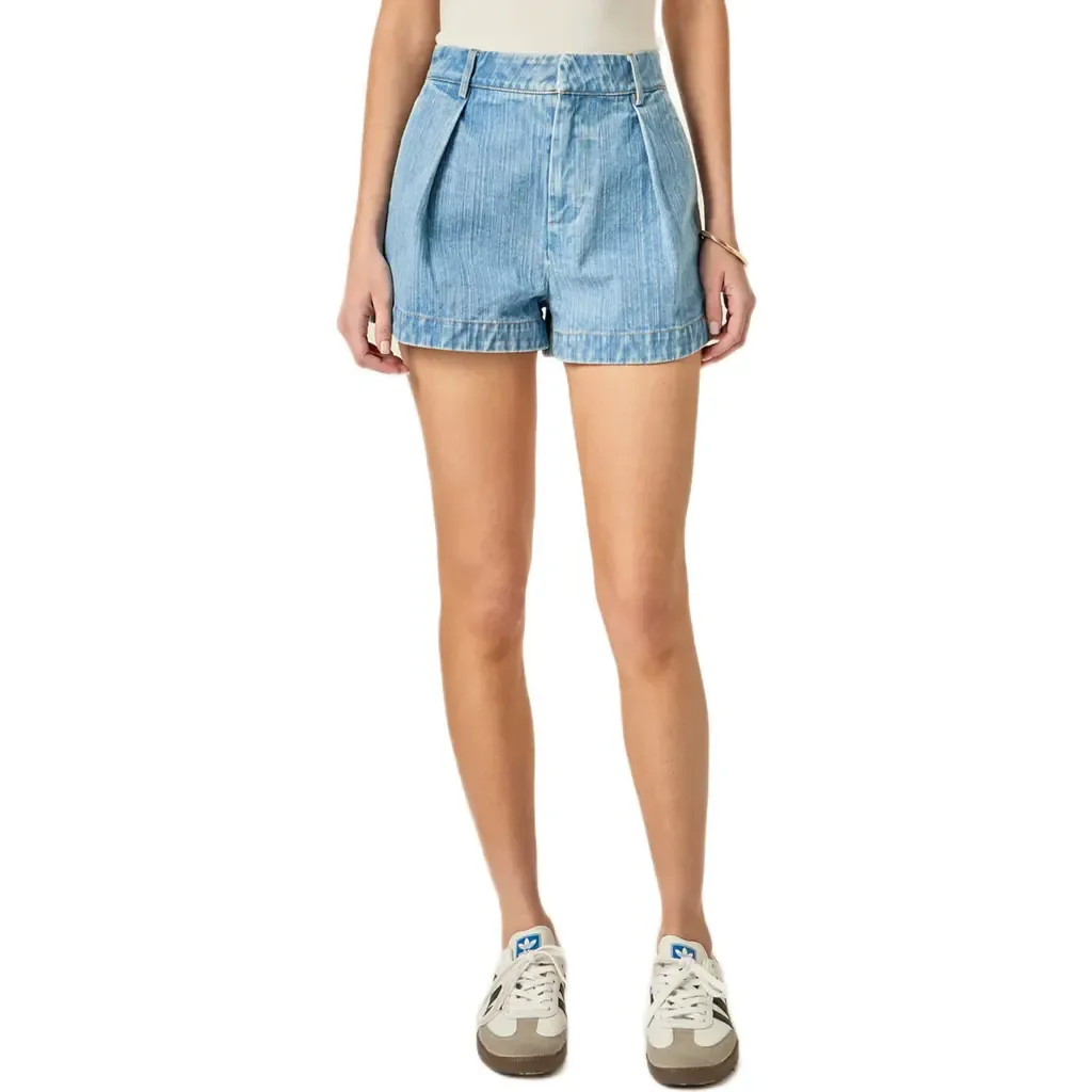 Pleated High Waist Denim Shorts by English Factory
