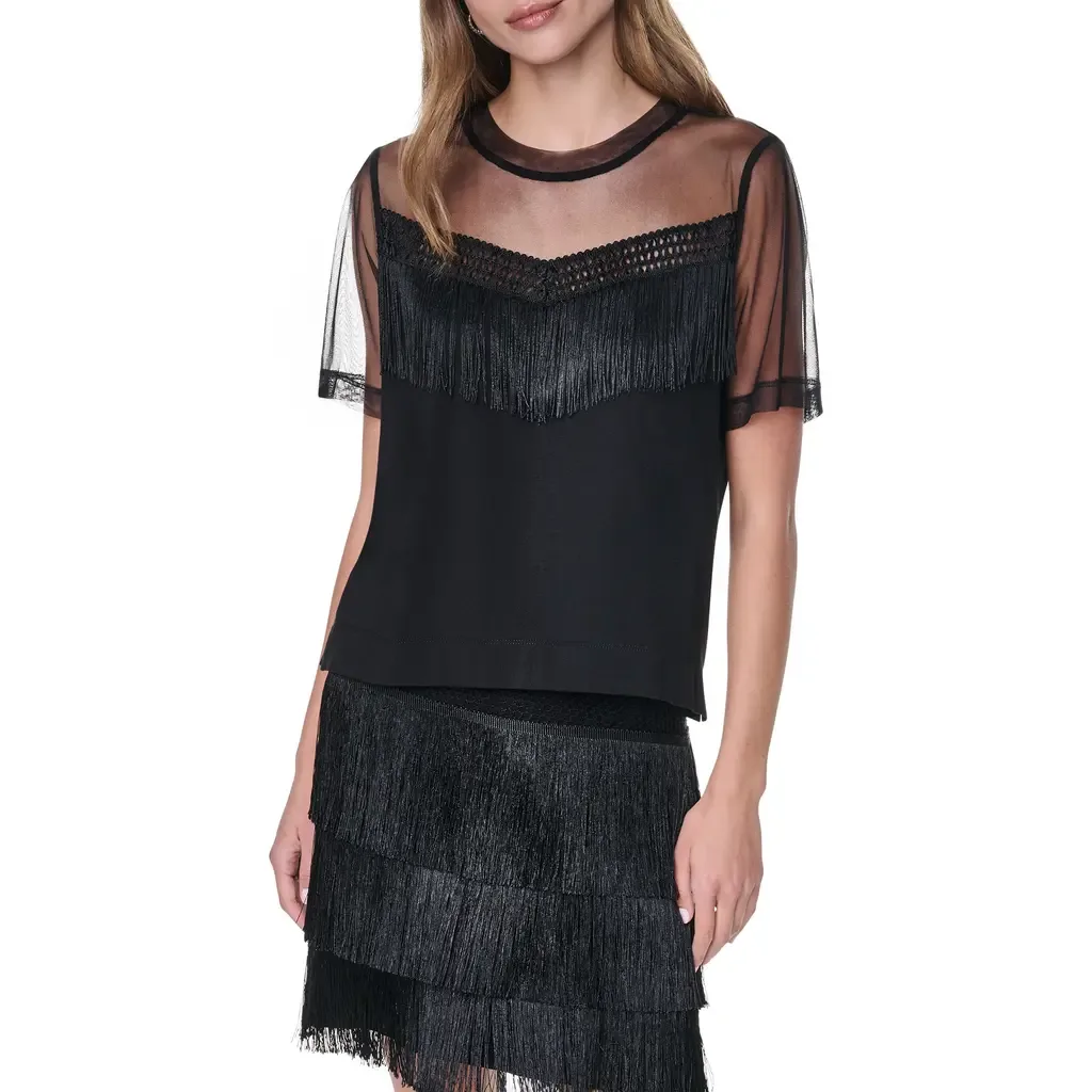 Fringe Detail Cotton Blend Mesh Top by DKNY