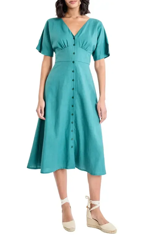 Flutter Sleeve Flare Linen Blend Midi Dress by Maggy London