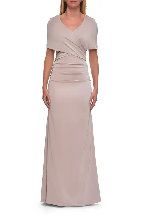 Jersey Gown with Draped Bodice and Short Sleeves by La Femme