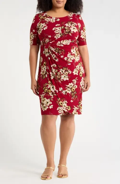 Floral Side Ruched Faux Wrap Dress by Connected Apparel