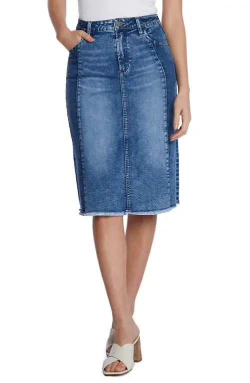 Two-Tone Raw Hem Denim Skirt by Wash Lab Denim