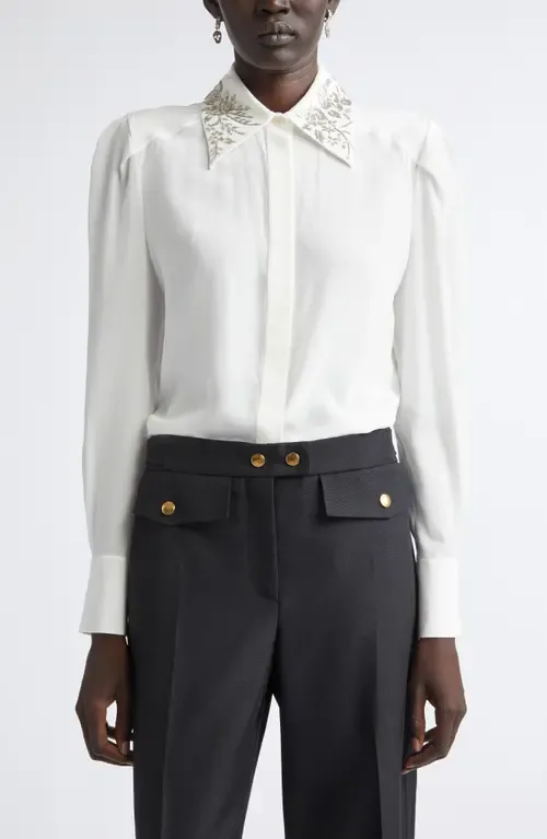 Beaded Collar Silk Button-Up Shirt by McQueen