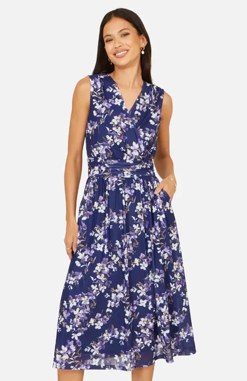 Blossom Print Mesh Stretch Midi Dress by Yumi