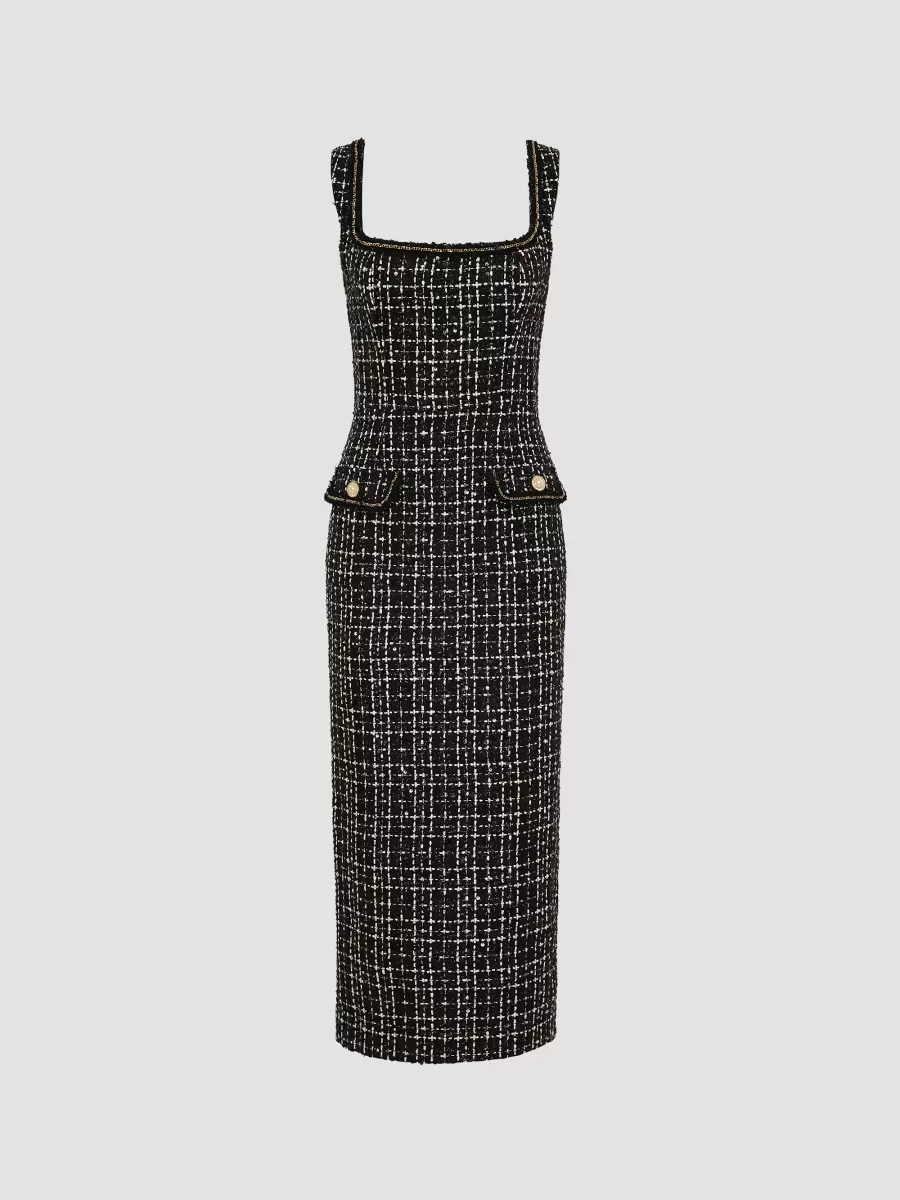 Meringue Embellished Tweed Scoopneck Midi Dress by Rebecca Vallance