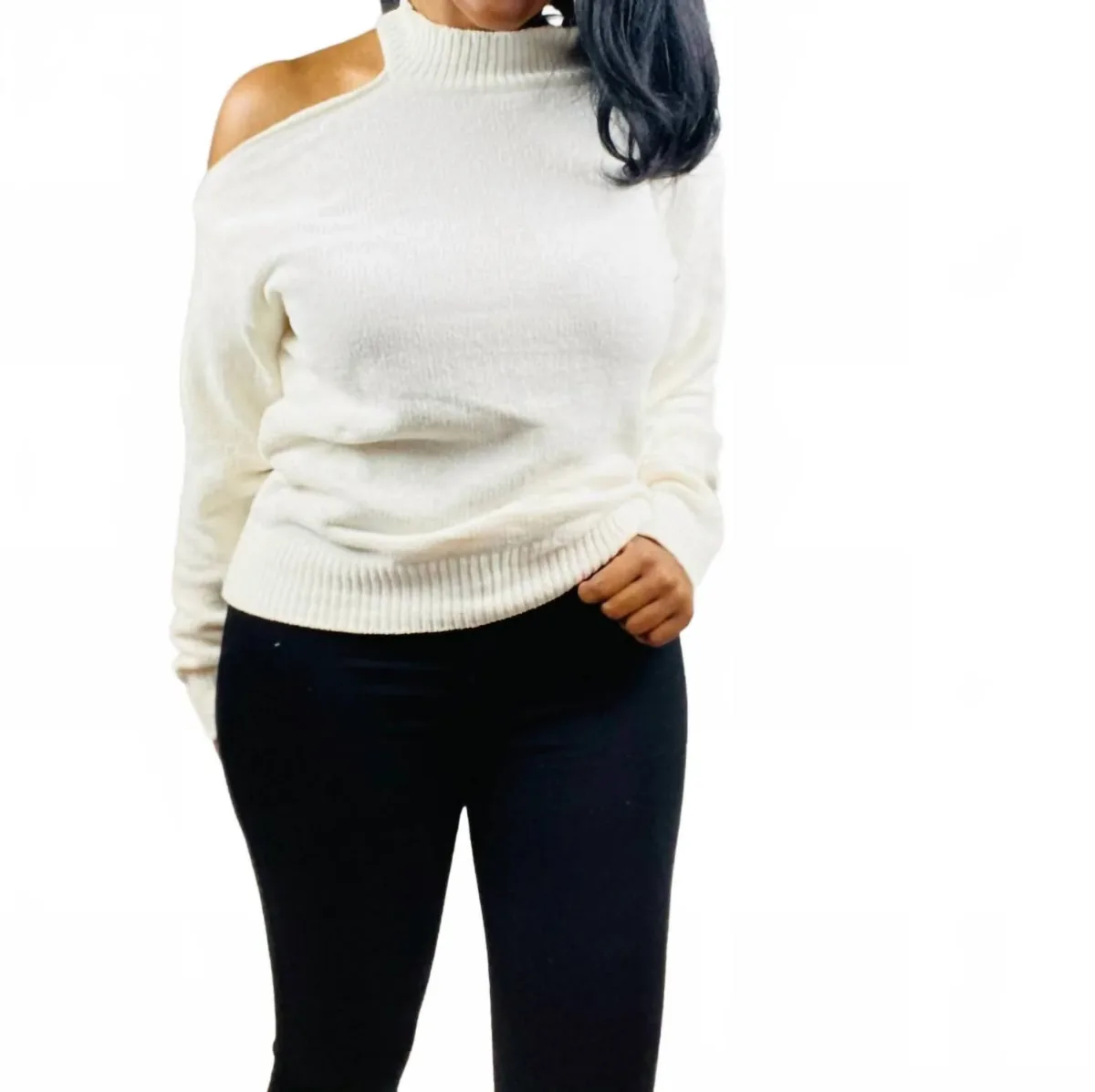 Sophia Cold Shoulder Sweater in Cream by eesome