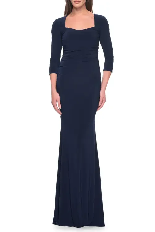 Long Jersey Evening Dress with Square Neckline and Sleeves by La Femme