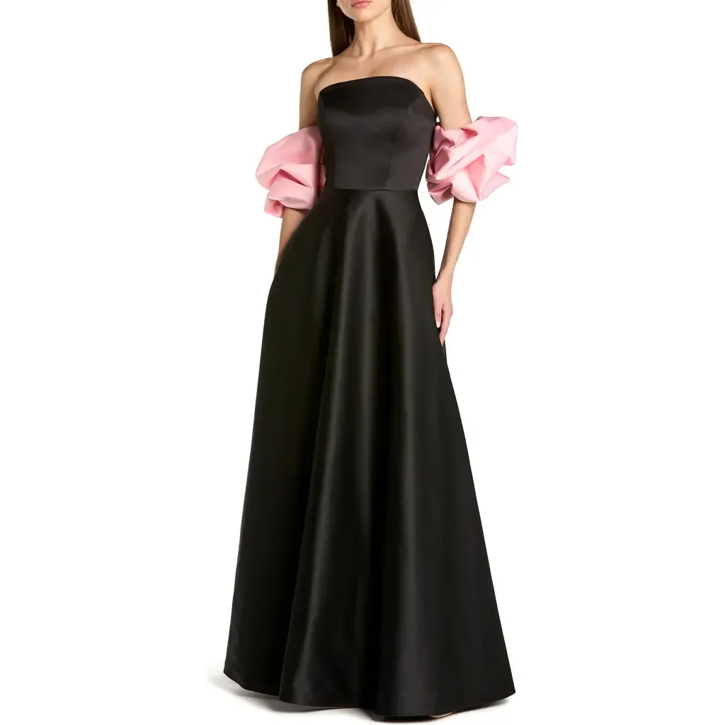 Satin Off the Shoulder Puff Sleeve Ball Gown by Mac Duggal