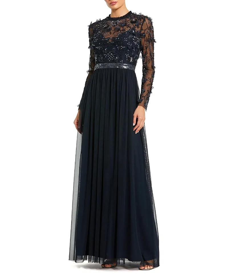 Mac Duggal Embellished Illusion High Neck Long Sleeve Gown by M.A.C.