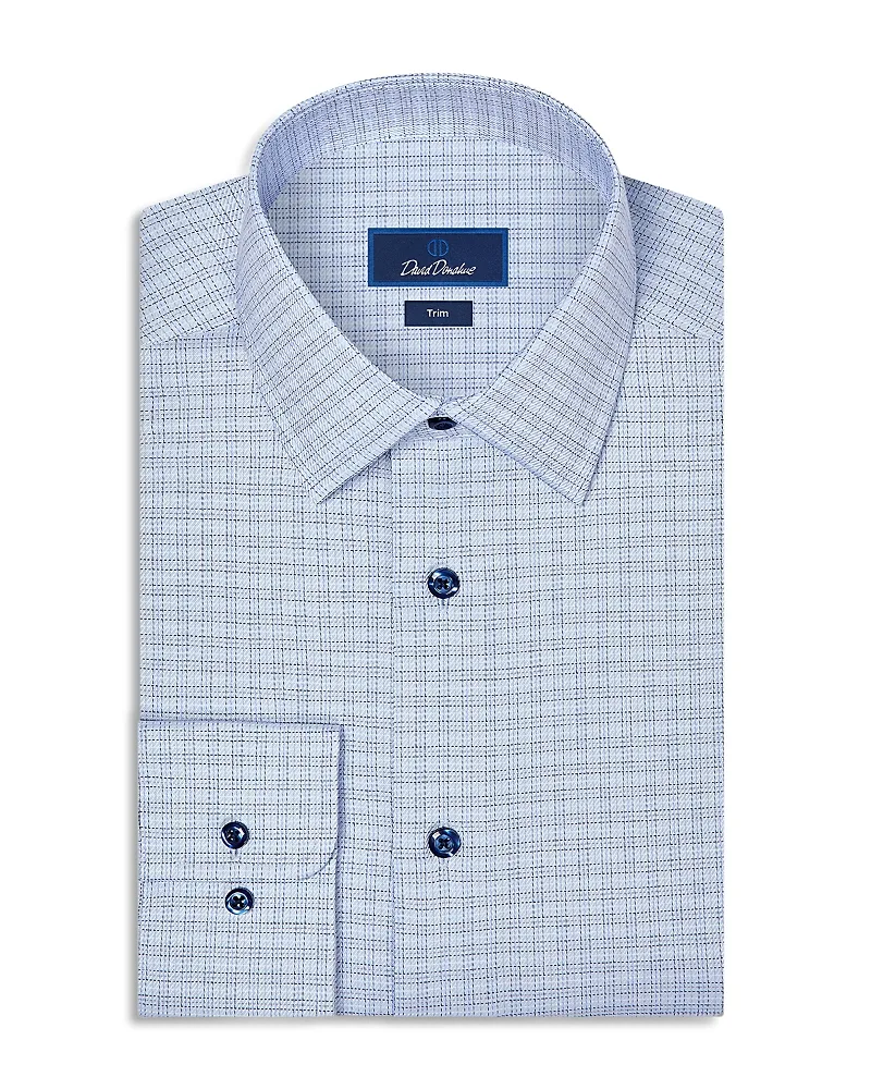 Trim Fit Cotton Blend Twill Check Dress Shirt by David Donahue