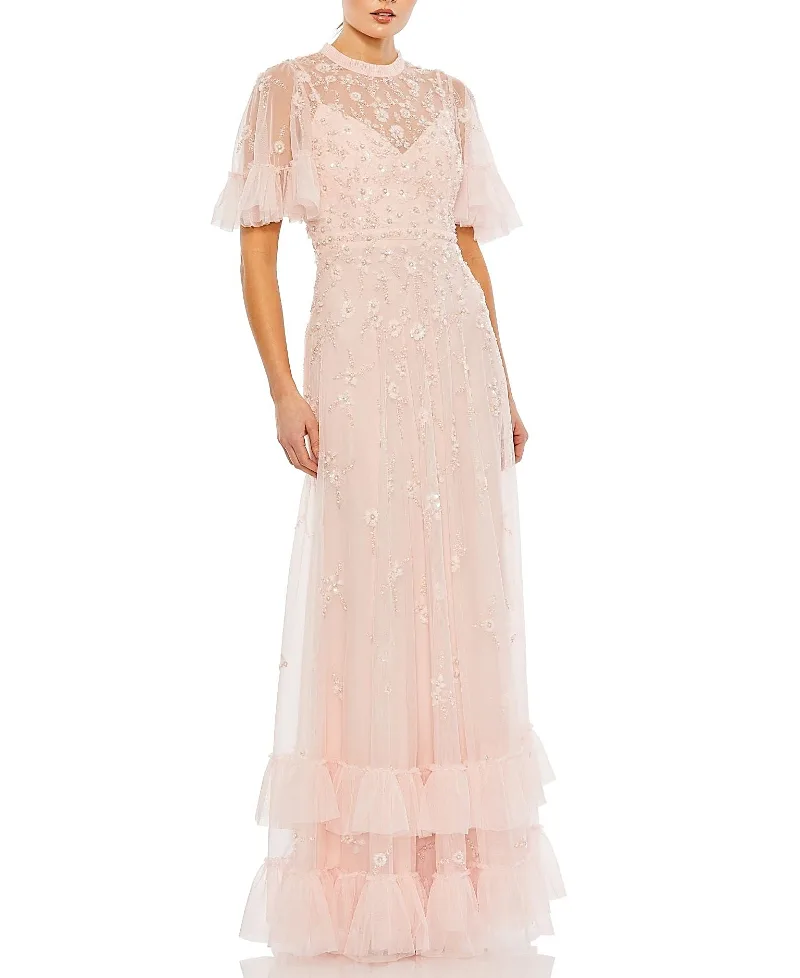 Mac Duggal Ruffled Floral Embellished Flutter Sleeve A-Line Gown by M.A.C.