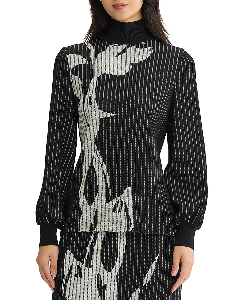Mock Neck Floral Soft Ribbed Knit Top by Ming Wang
