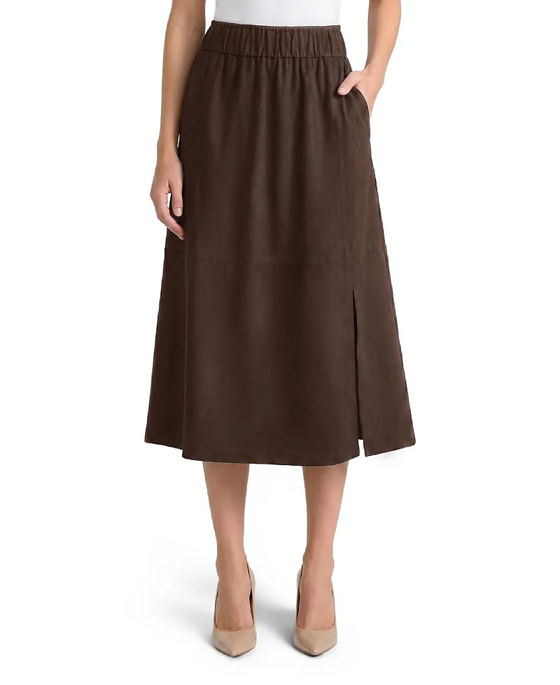 Flared Side Slit Faux Suede Maxi Skirt by Ming Wang