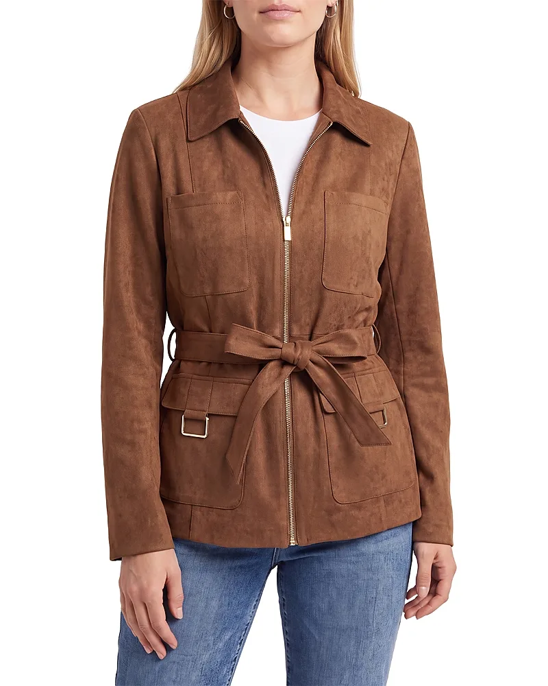 Faux Suede Belted Utility Jacket by Bagatelle