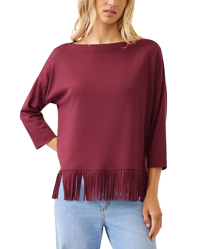 Boatneck Three Quarter Sleeve Fringe Hem Top by Karen Kane