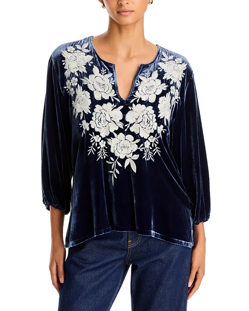 Split Neck Embroidered Velvet Top by Johnny Was