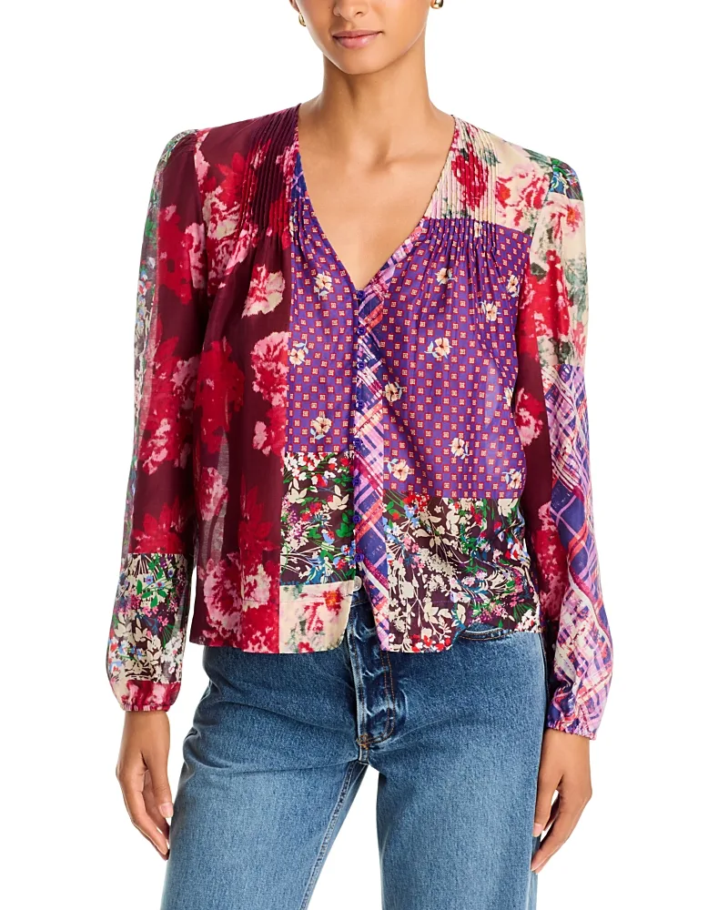 Zellah Cotton & Silk V Neck Blouse by Johnny Was