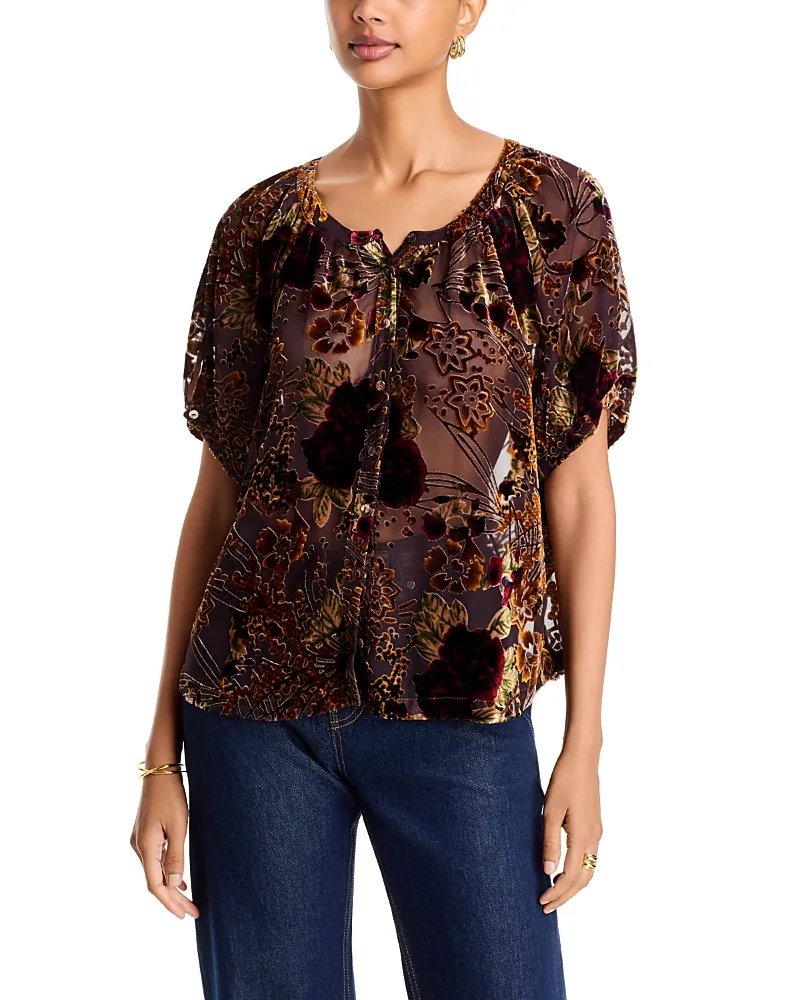 Avah Flocked Puffed Sleeve Blouse by Johnny Was