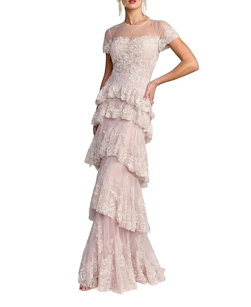 Mac Duggal Short Sleeve Tiered Mesh Gown with Embellishments by M.A.C.