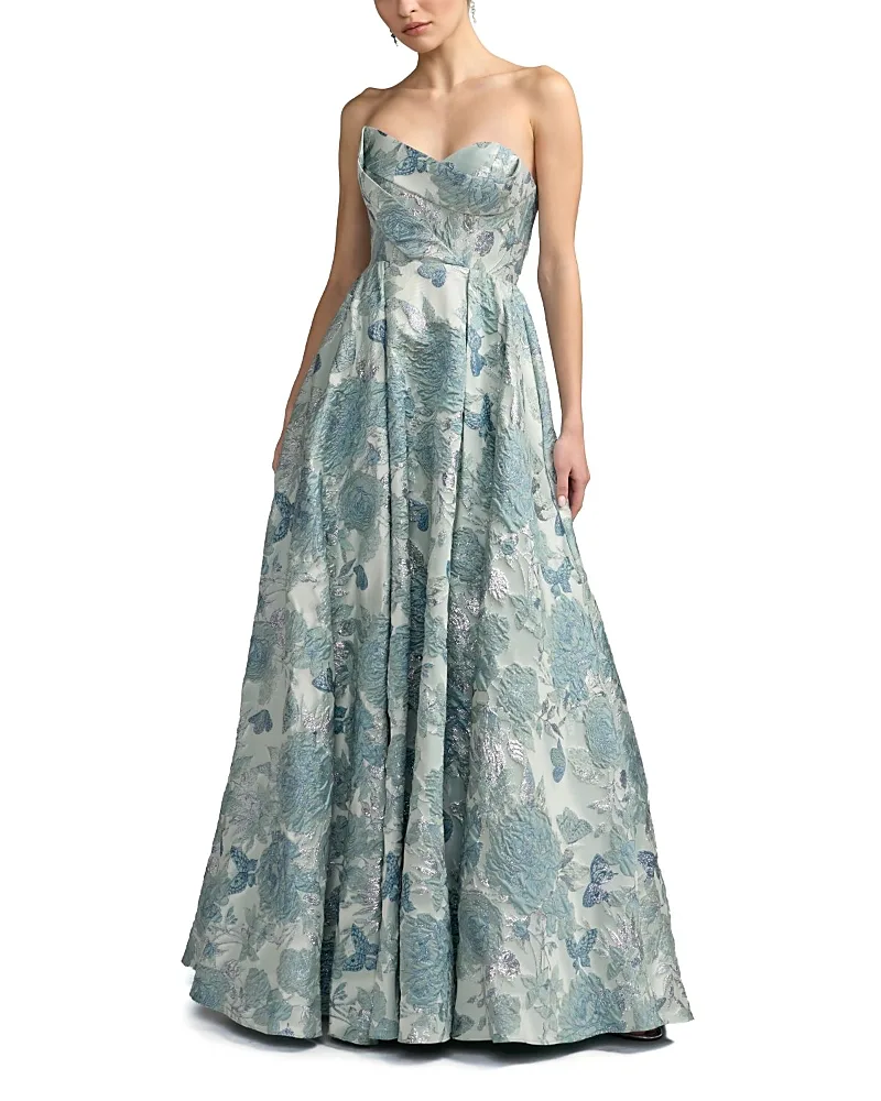 Mac Duggal Floral Brocade Strapless Ballgown with Bow