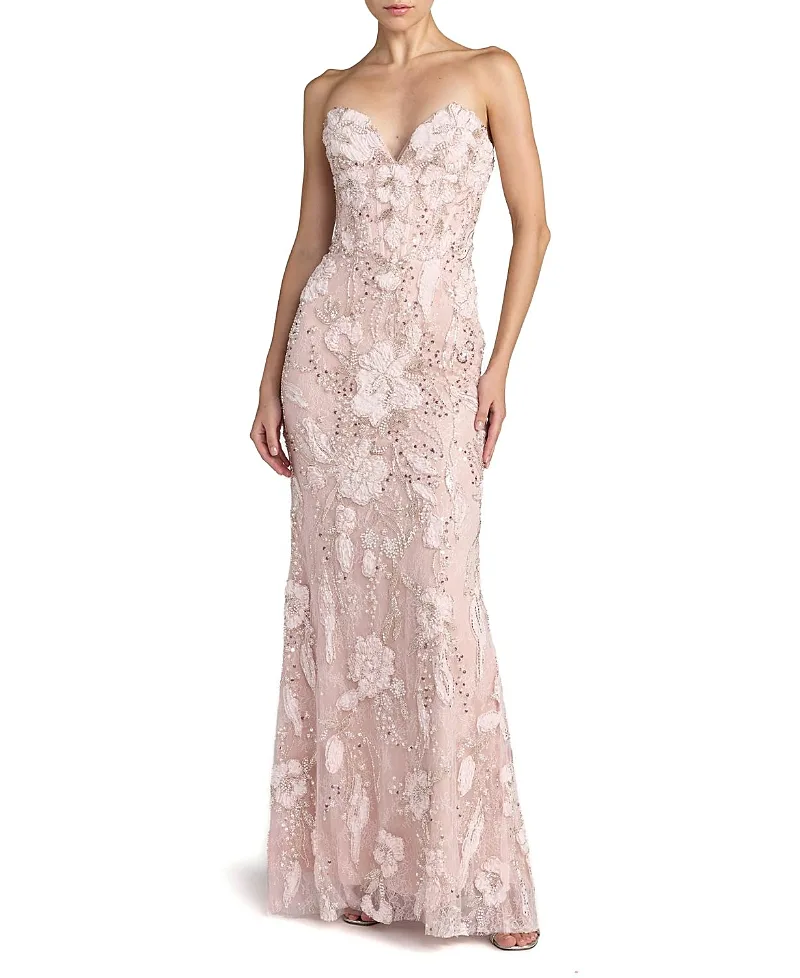 Mac Duggal Floral Beaded Mesh Strapless Column Gown