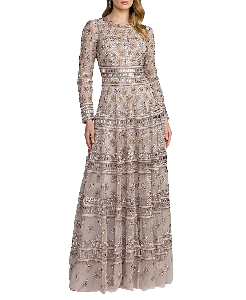 Mac Duggal Embroidered Mesh Long Sleeve a Line Gown
