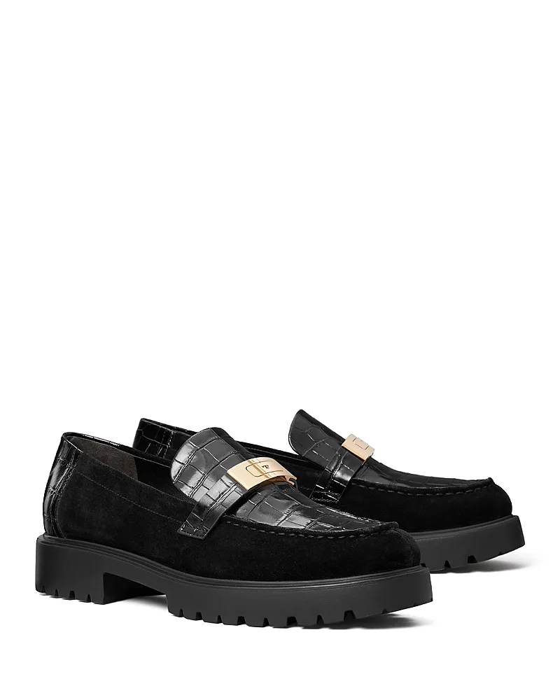 LeeLee Embossed Leather & Suede Lug Loafers by Tory Burch