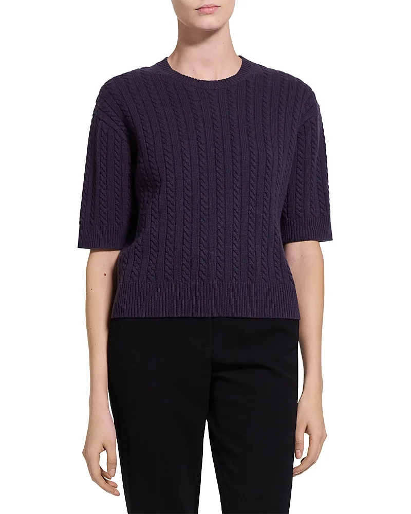 Cropped Cable Knit Cashmere Crewneck Sweater by Theory