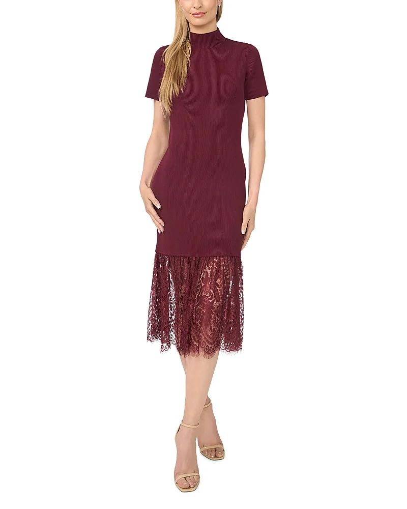 Mock Neck Lace Hem Midi Sweater Dress