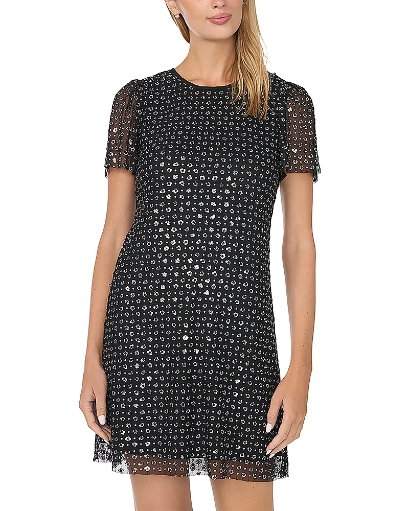 Printed Round Neck Mini Shift Dress by CeCe