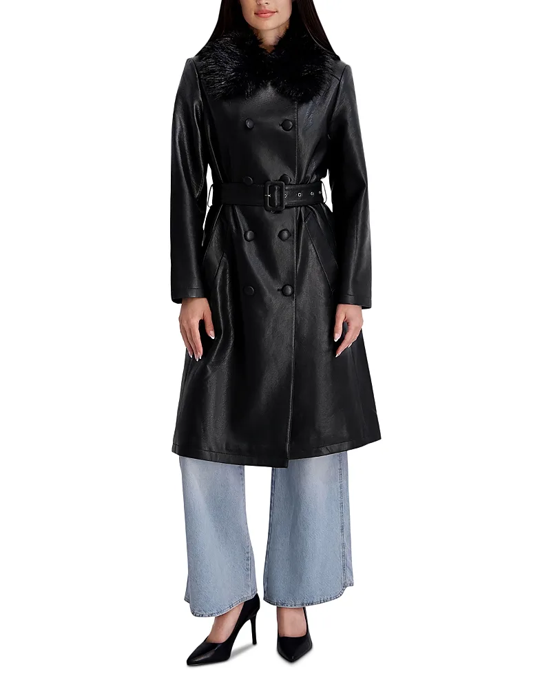 Faux Fur Collar Faux Leather Trench Coat by Kenneth Cole