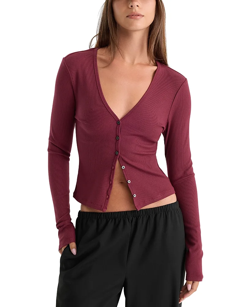 The Rib V Neck Cardigan Tee by GOOD AMERICAN