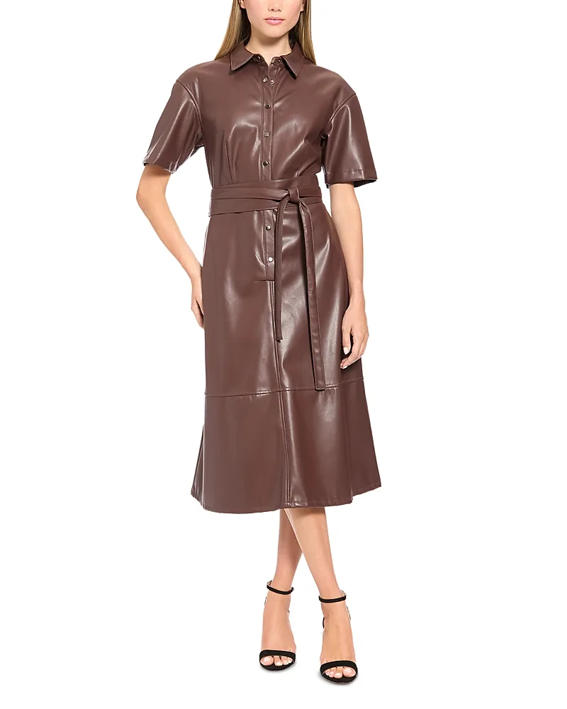 Short Sleeve Faux Leather Belted Midi Dress by Luxely