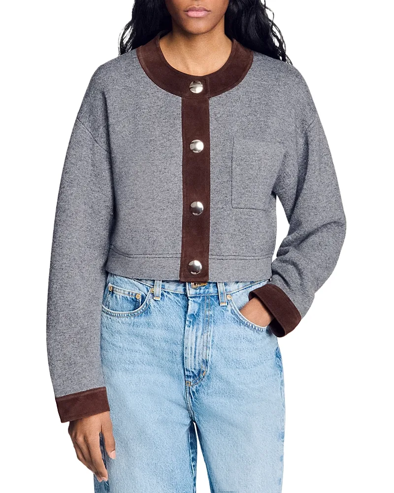 Parker Suede Trim Cardigan Sweater by Sandro
