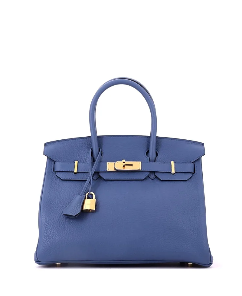 Pre-Owned Birkin 30 Handbag Blue Clemence with Gold Hardware by Hermes
