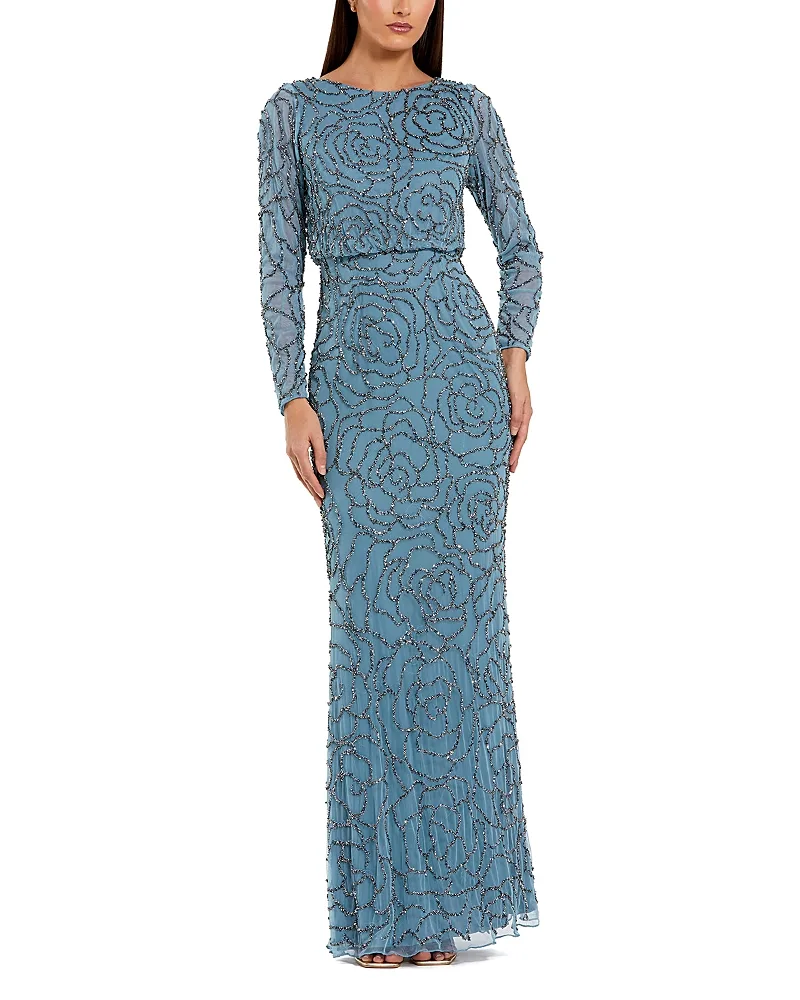 Mac Duggal Beaded Mesh Long Sleeve Blouson Top Gown by M.A.C.