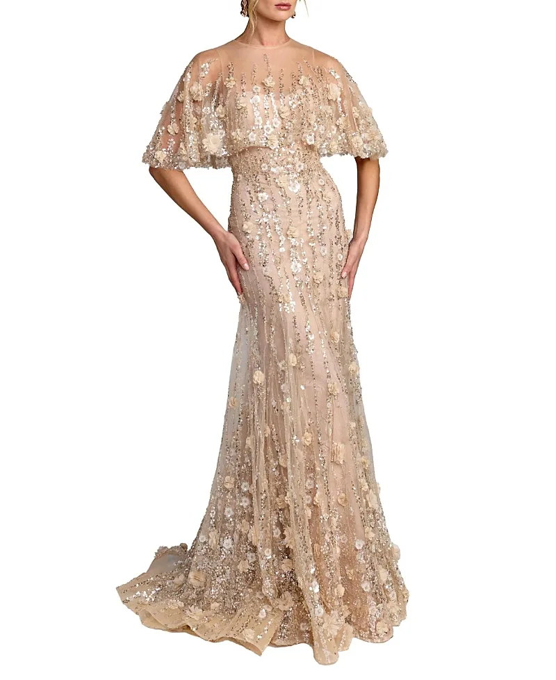 Mac Duggal Embellished Cape Sleeve Mermaid Gown
