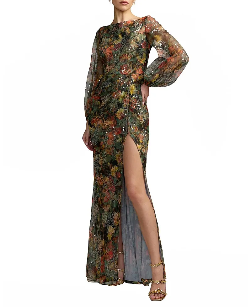 Mac Duggal Floral Sequined Puff Sleeve Gown by M.A.C.