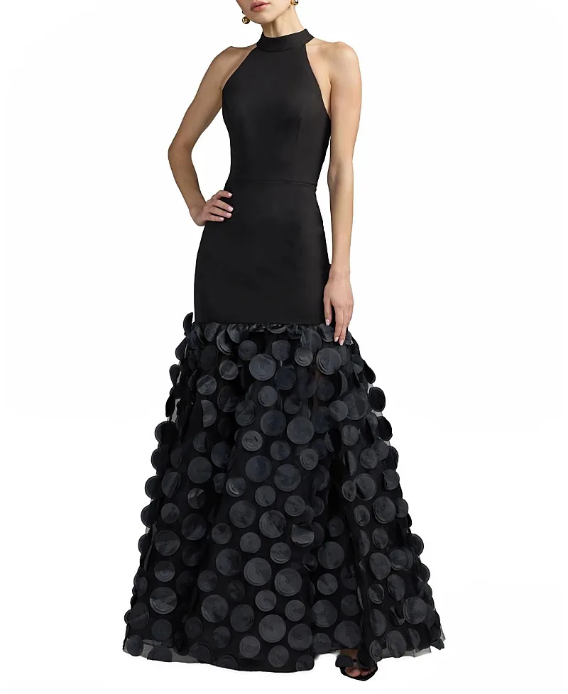 Mac Duggal Crepe Halter Neck Trumpet Gown with Sheer Skirt by M.A.C.