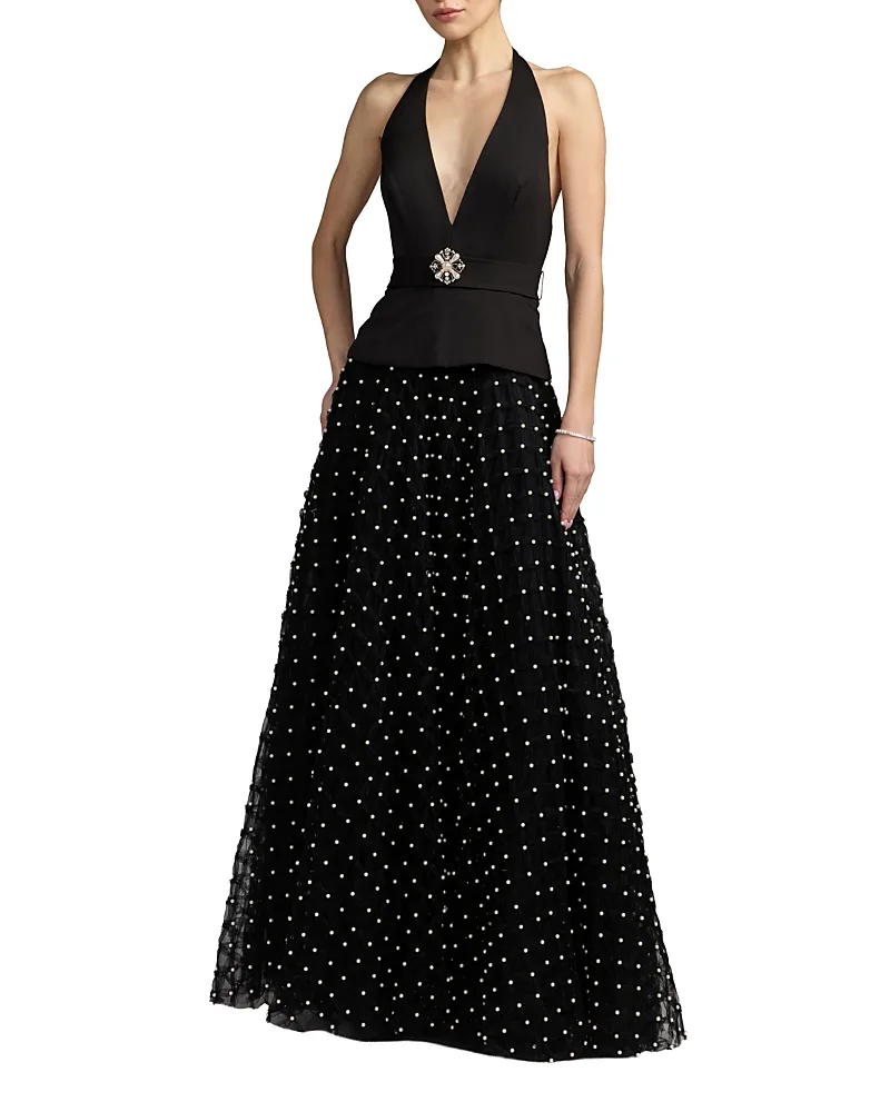 Mac Duggal Halter Neck A-Line Gown with Pearl Embellished Skirt by M.A.C.