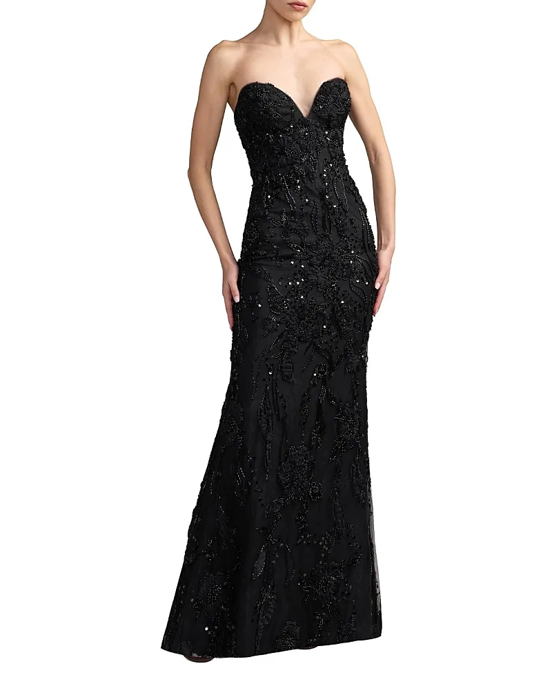 Mac Duggal Floral Beaded Mesh Strapless Column Gown