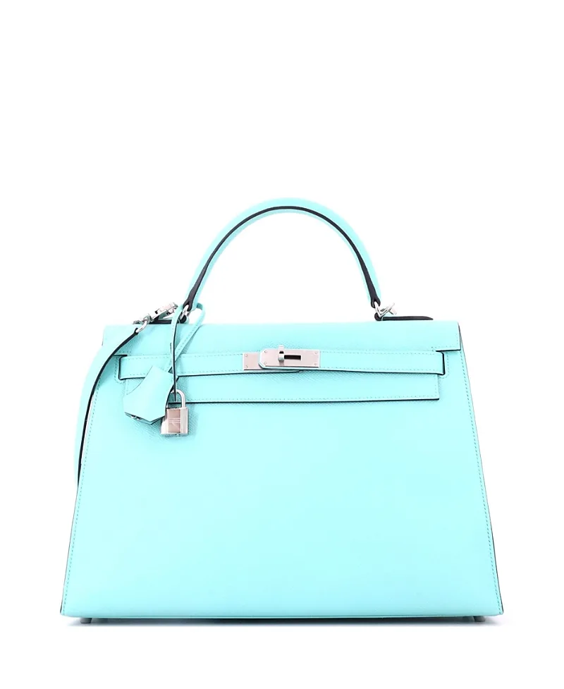 Pre-Owned Hermes Kelly 32 Handbag Blue Epsom with Palladium Hardware by Hermes