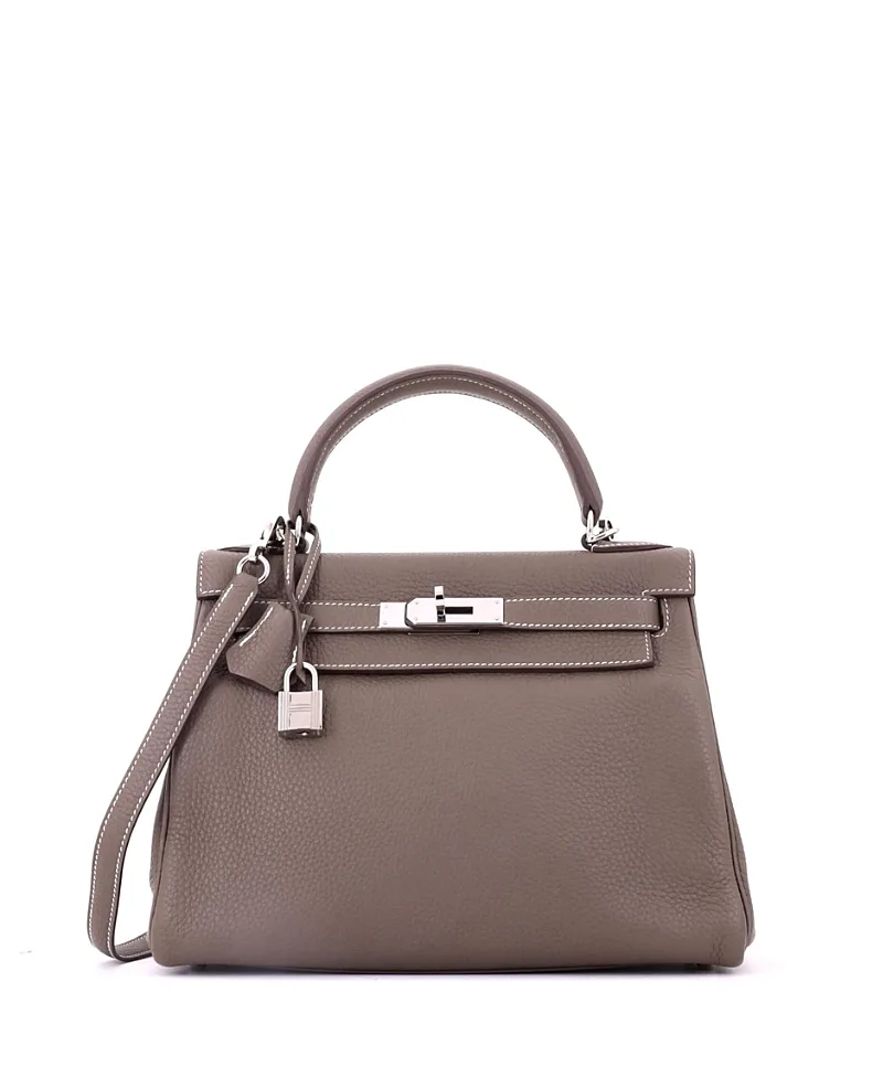 Pre-Owned Hermes Kelly 28 Handbag Grey Clemence with Palladium Hardware by Hermes