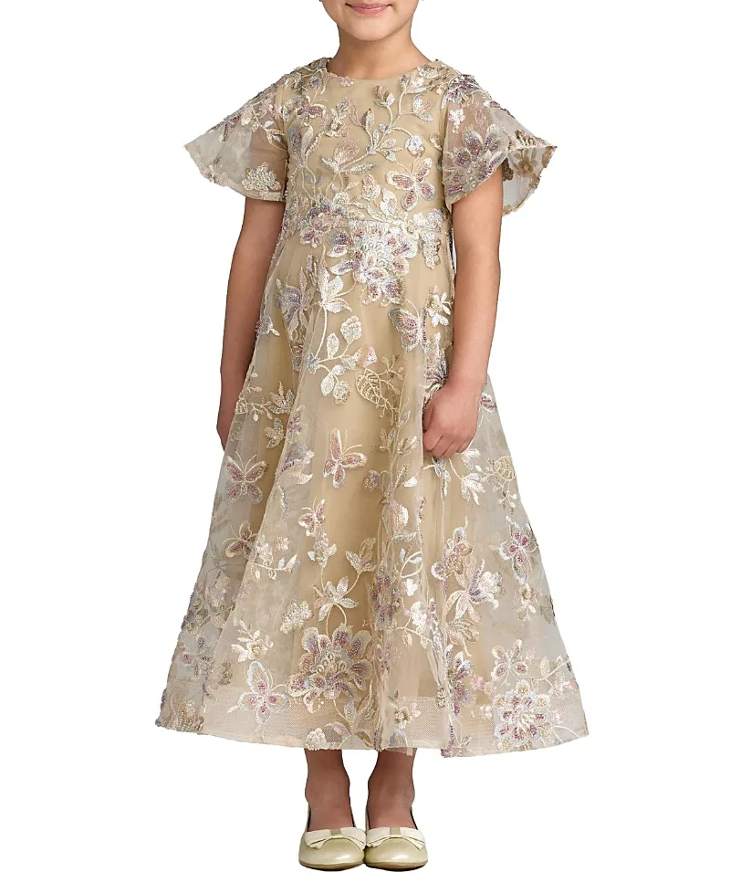 Mac Duggal Floral Embroidered Mesh Flutter Sleeve Dress by M.A.C.