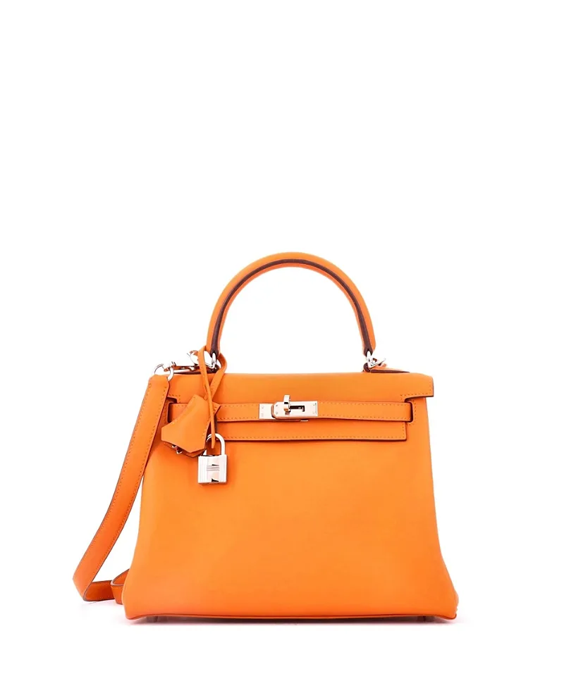 Pre-Owned Hermes Kelly 25 Handbag Orange Swift with Palladium Hardware