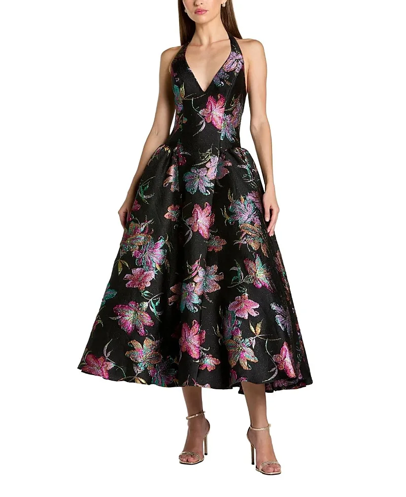 Mac Duggal Floral Brocade Halter Neck Open Back Midi Dress
