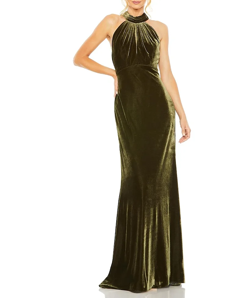 Mac Duggal Halter Tie Front Slit Velvet Column Gown by M.A.C.