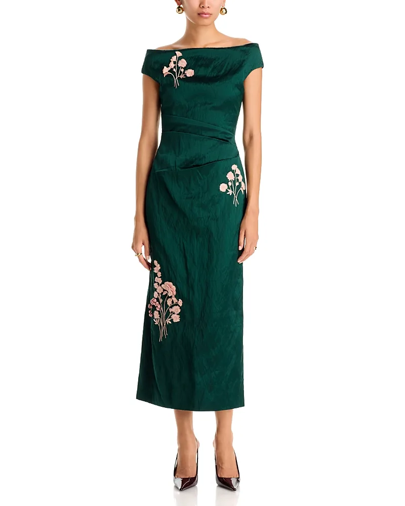 Embroidered Textured Satin Midi Pencil Dress by Erdem